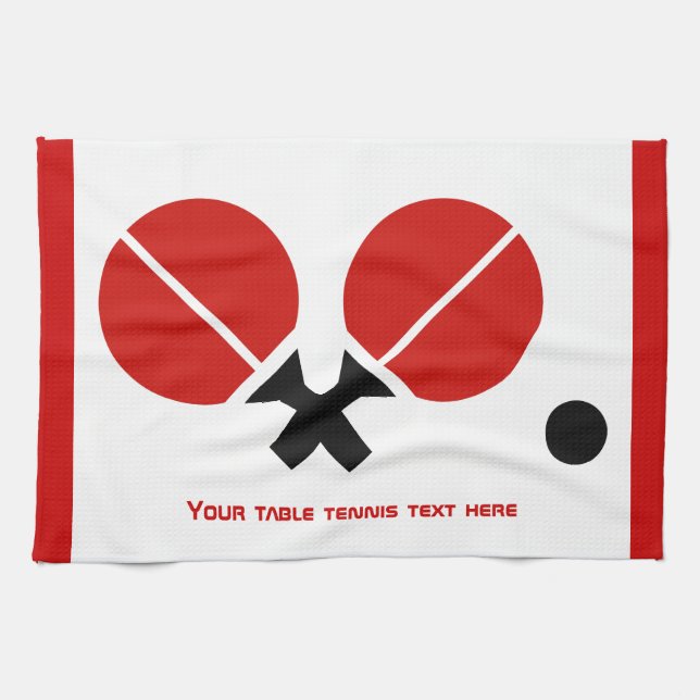 Table tennis ping-pong rackets and ball black, red kitchen towel (Horizontal)