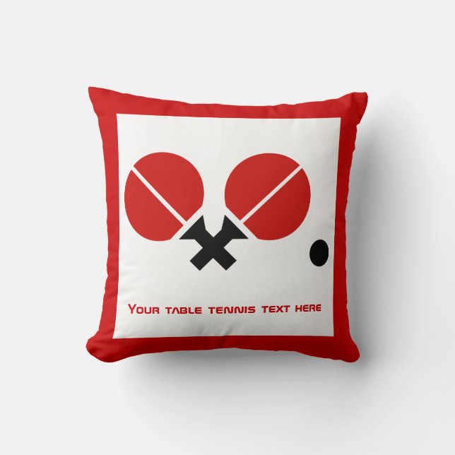Table tennis ping-pong rackets and ball black, red throw pillow (Front)