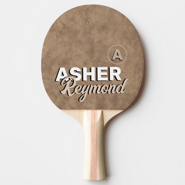 Table Tennis Player Name old brown leather Ping Pong Paddle (Front)