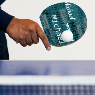 Table-Tennis Player Name repeated on dark teal Ping Pong Paddle