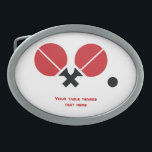 Table tennis rackets and ball black, red custom oval belt buckle<br><div class="desc">Table tennis ping-pong rackets and ball black,  red custom oval belt buckle design that features a minimalist pictogram icon of red black table tennis rackets and ball and your text.</div>