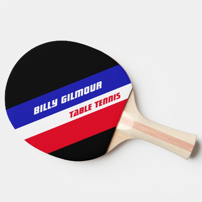 table tennis with name and red blue stripes . cool ping pong paddle (Side)