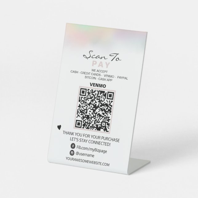 *~* Table Tent PAY . QR code Tabletop PASTEL Pedestal Sign (Front)