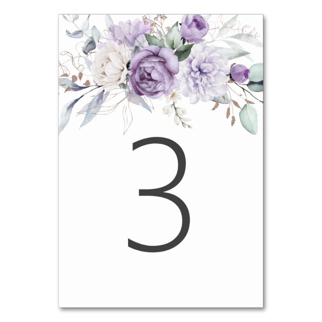 Table Three Watercolor Purple Floral Wedding Number (Front)