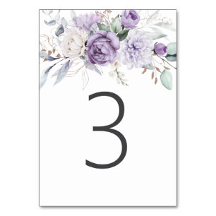 Table Three Watercolor Purple Floral Wedding Table Number