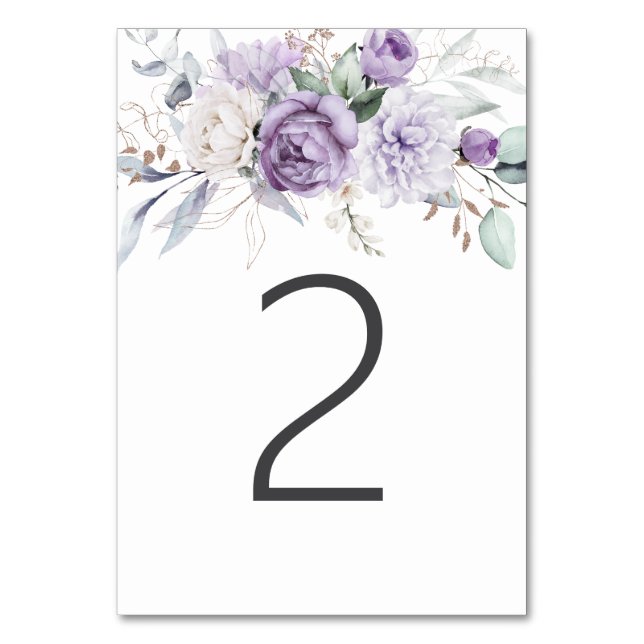 Table Two Watercolor Purple Floral Wedding Number (Front)