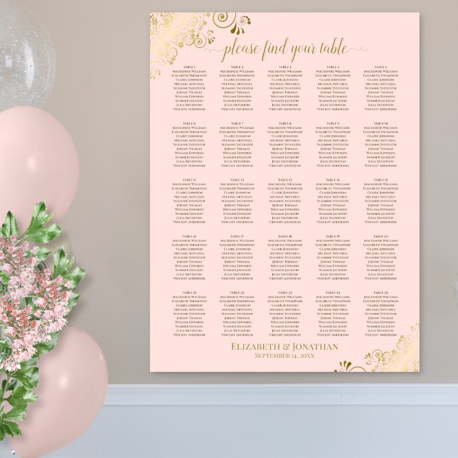 Tableau 25 Gold & Blush Pink Mariage Seating Chart (In Situ on Wall)