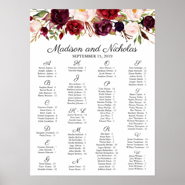 Tableau alphabétique marsala et rose floral (Devant)