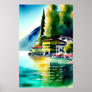 Tableau aquarelle du lac de Côme (Lago di Como)