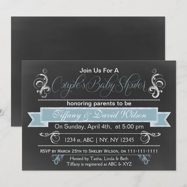 tableau bleu Baby shower Invitation du couple (Devant / Derrière)