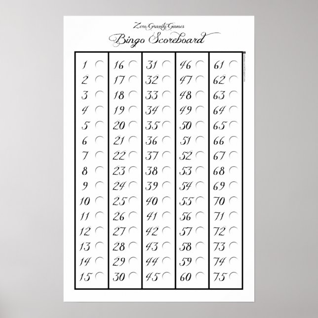 Tableau de bord de bingo 75 - Jeux de gravité zéro (Devant)