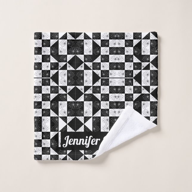 Tableau de contrôle noir et blanc fleuri Nom perso (Gant de toilette)