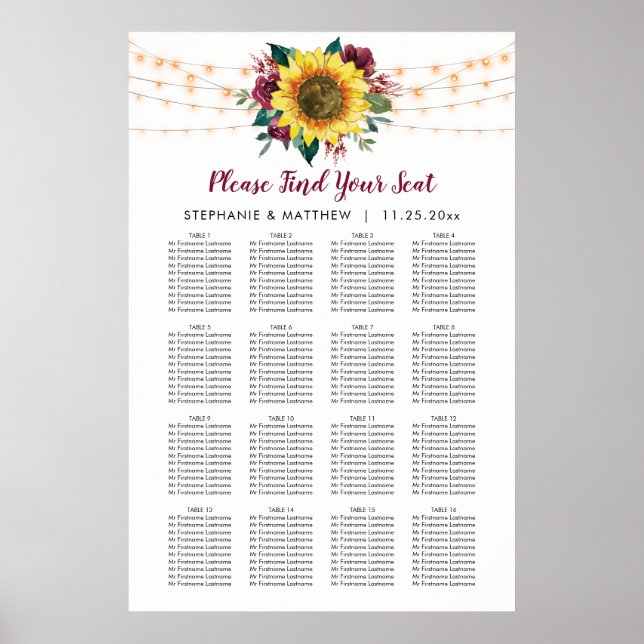 Tableau de la table de Mariage de tournesol rustiq (Devant)