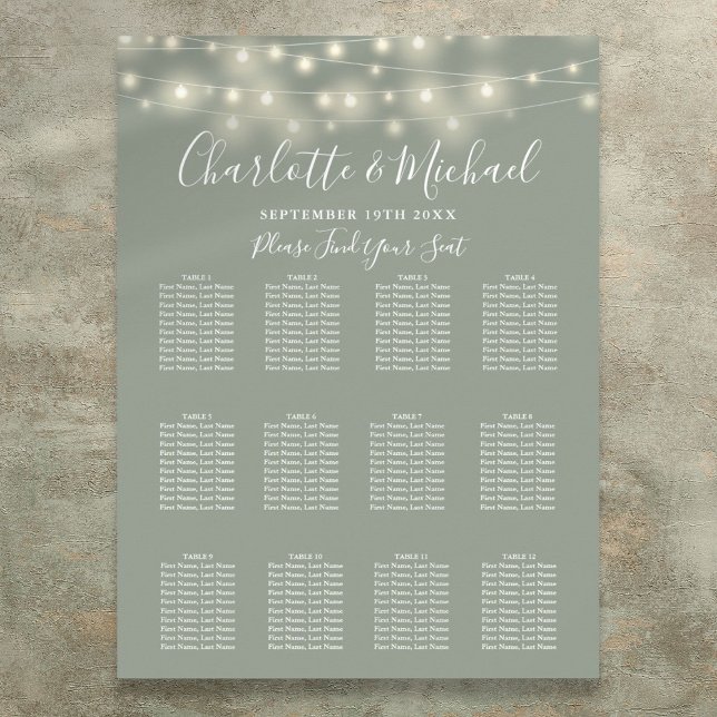 Tableau de mariage avec guirlandes vert sauge (Sage Green String Lights Wedding Seating Chart)