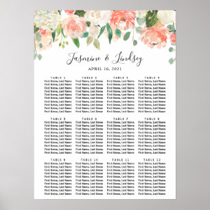 Tableau de Mariage Fleurs Blanches Corail Pêche
