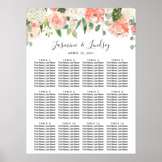 Tableau de Mariage Fleurs Blanches Corail Pêche (Devant)