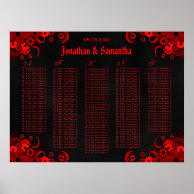 Tableau de Mariage floral noir et rouge (Devant)