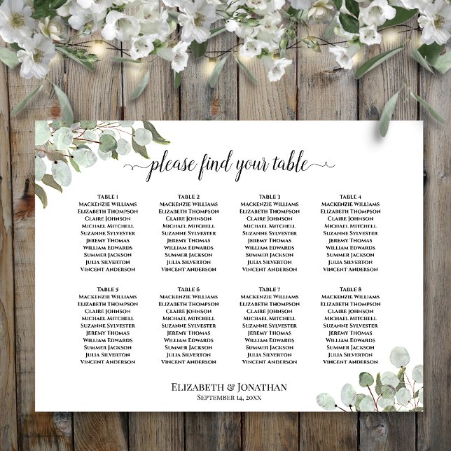 Tableau de Mariage Rustique Eucalyptus 8 Tables (In Situ with Flowers)