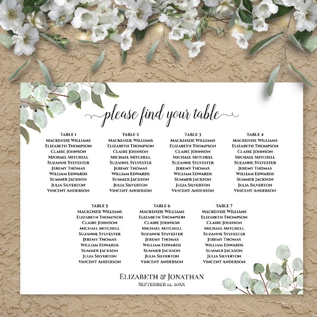 Tableau de mariage rustique eucalyptus pour 7 tabl (In Situ on Wall with Flowers)