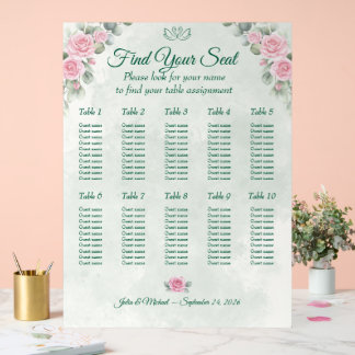 Tableau de Mariage Vert Émeraude & Rose Fardée