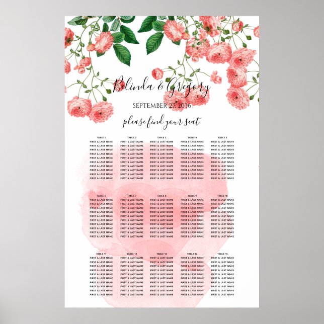 Tableau de Mariage vintage Rose rose fleuri (Devant)