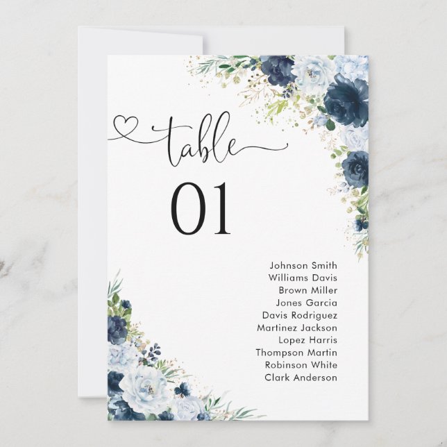 Tableau de numéros de table à fleurs Navy Blue pou (Devant)