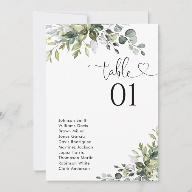 Tableau de numéros de table au eucalyptus (Devant)