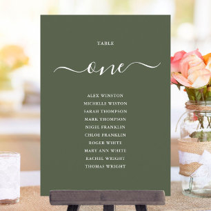Tableau de numéros de table vert olive pour plan d