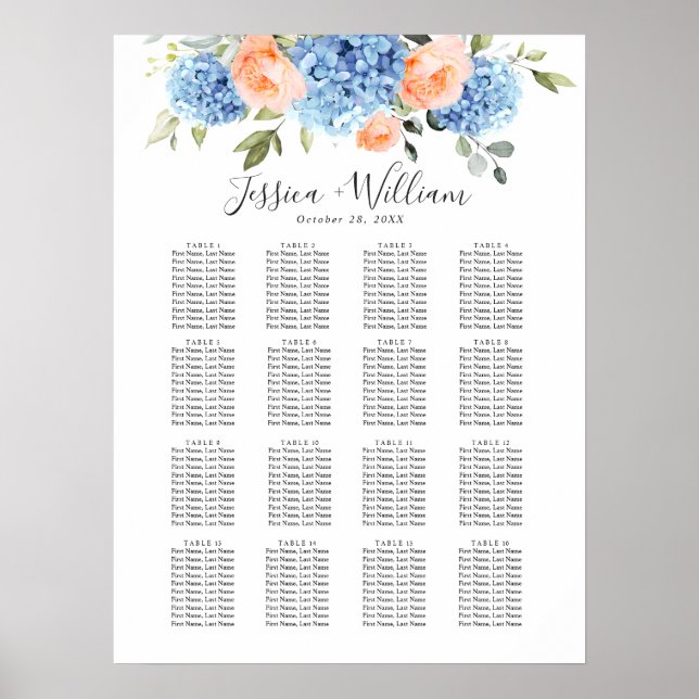 Tableau de placement Bleu Hydrangea Blush Rose 15 (Devant)