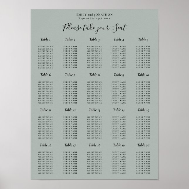 Tableau de placement de 20 tables Vert sauge (Devant)
