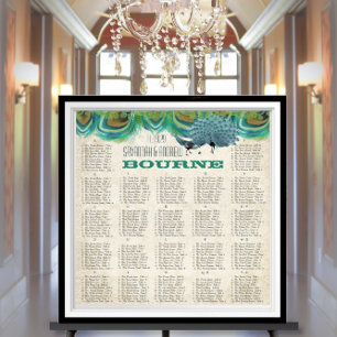 Tableau de placement de mariage aux plumes de paon