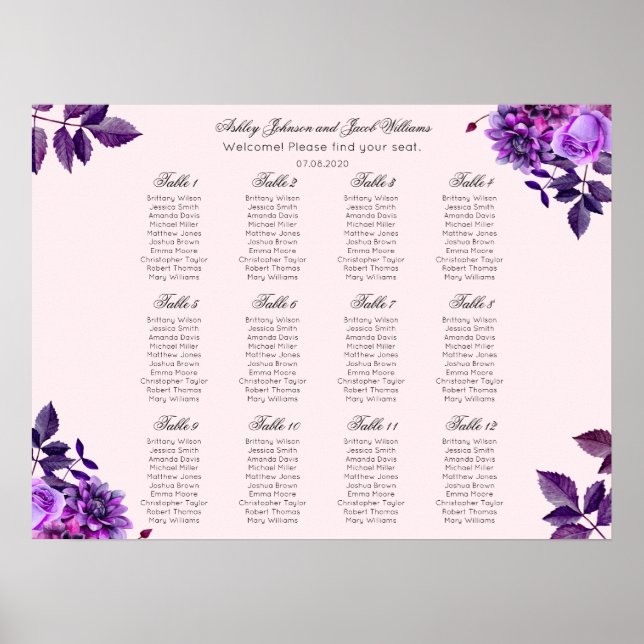 Tableau de placement de mariage avec fleurs violet (Devant)