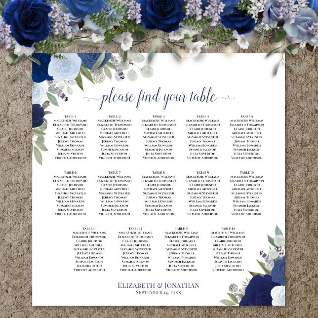 Tableau de placement de mariage floral Boho bleu 1 (In Situ on Wall with Flowers)
