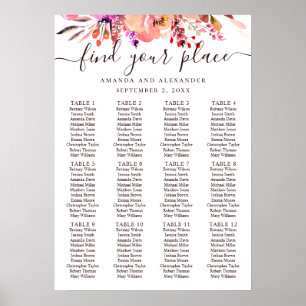 Tableau de placement de mariage floral rose aquare