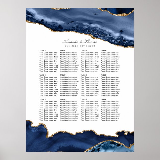 Tableau de placement de mariage Navy et Agate doré (Devant)
