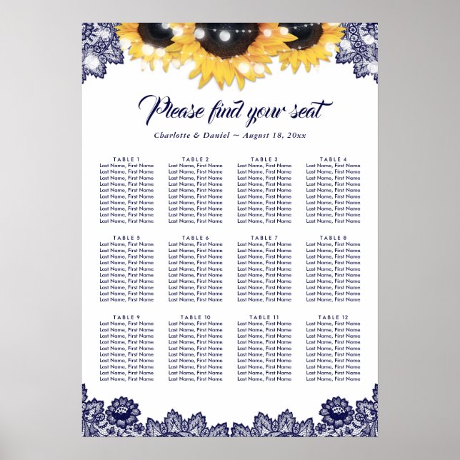 Tableau de placement Rustique Bleu Marine Fleur de (Devant)