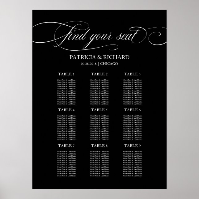 Tableau de plan de table de mariage à 9 tables Noi (Devant)