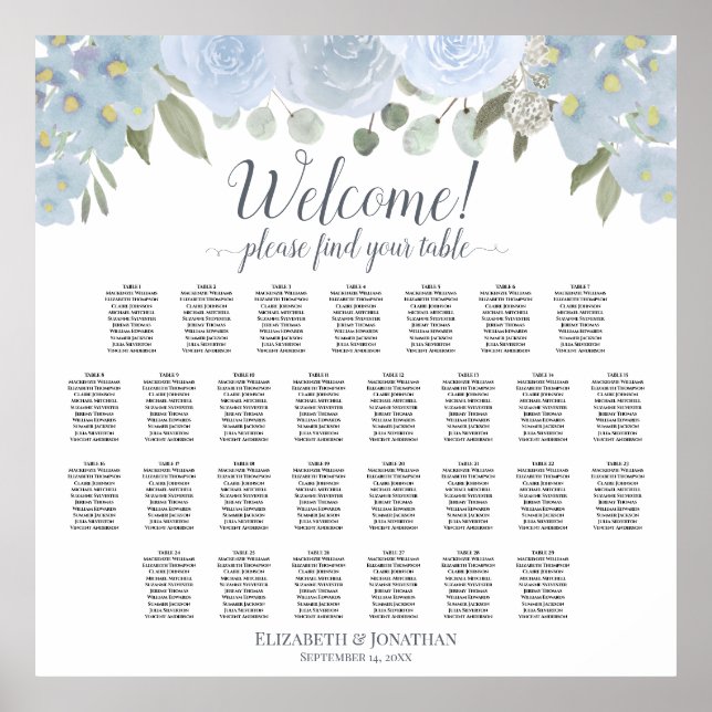 Tableau de siège Mariage de 29 tables bleu-poussié (Devant)