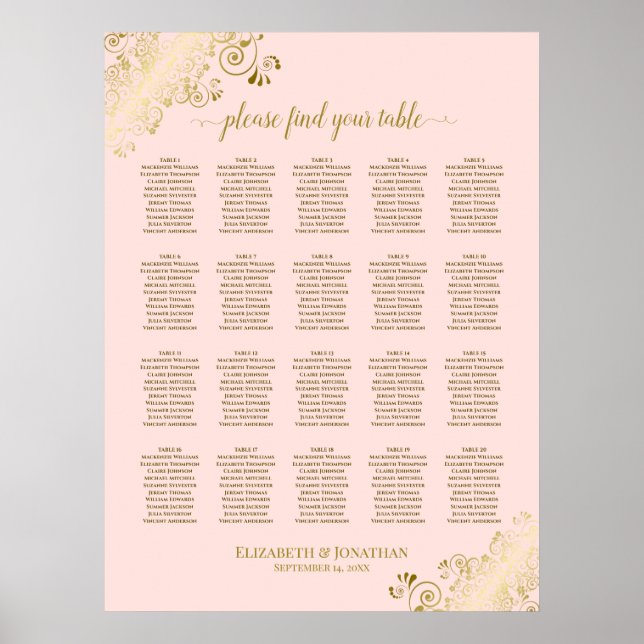 Tableau de siège Mariage de table Blush Pink & Gol (Devant)