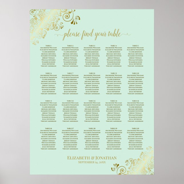 Tableau de siège Mariage de table Mint Green & Gol (Devant)