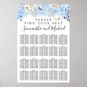 Tableau de siège Mariage floral bleu à 20 tables