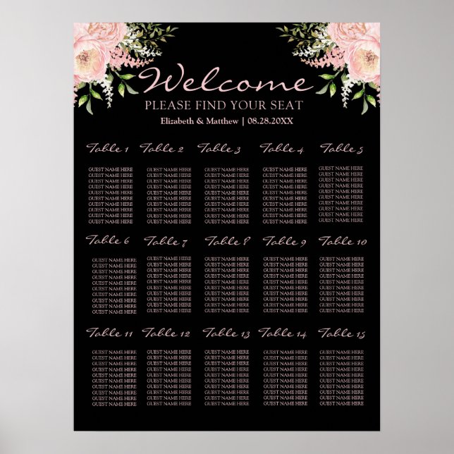 Tableau de siège Mariage floral noir et blanc (Devant)