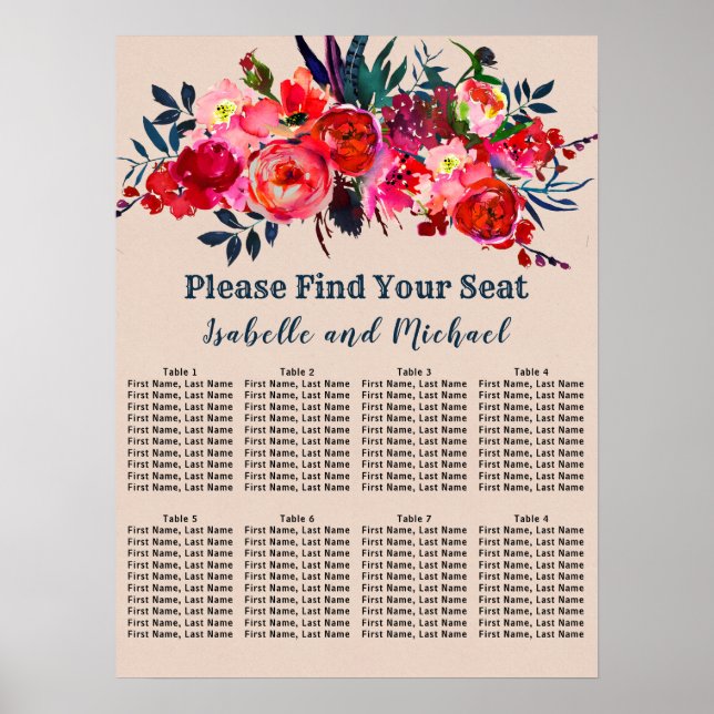 Tableau de sièges 8 tables Boho Chic Red Floral mo (Devant)