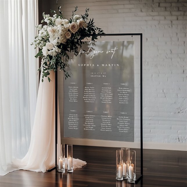 Tableau de sièges acryliques minimaux de coupure d (Minimal Wedding Blackout Acrylic Seating Chart)