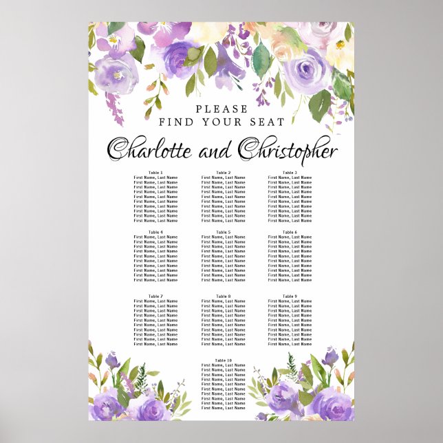 Tableau de sièges de Mariage à 10 tables de fleurs (Devant)