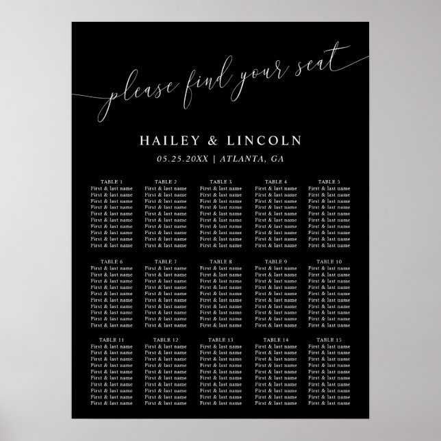 Tableau de sièges de Mariage minimal noir (Devant)