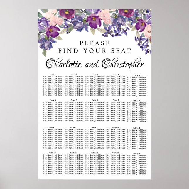 Tableau de sièges de Mariages de 20 tables violets (Devant)