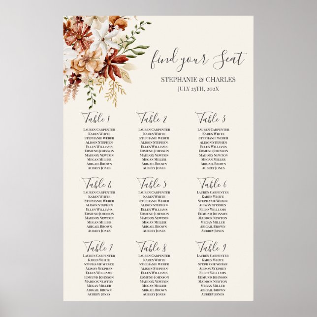 Tableau de sièges de Mariages floraux fleurs sauva (Devant)