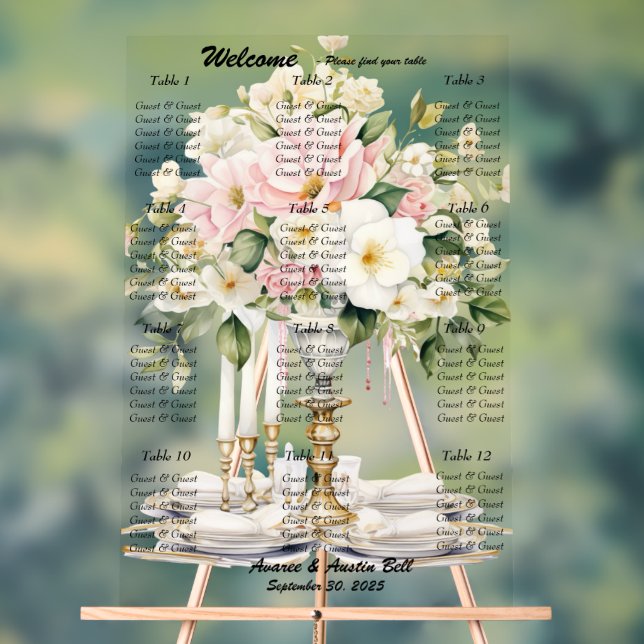 Tableau de sièges floraux blanc et rose mariage (Neutre)