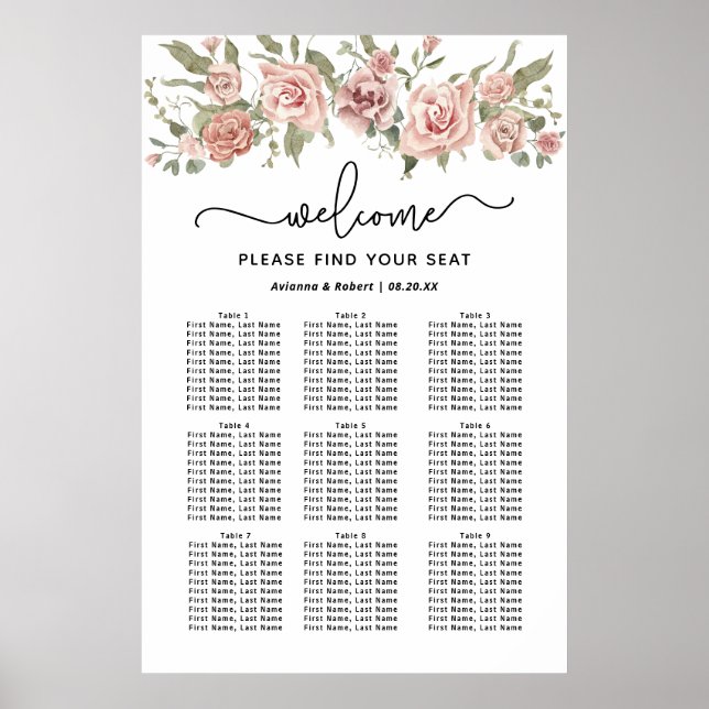 Tableau de sièges Mariage à 9 tables Rose Dusty (Devant)